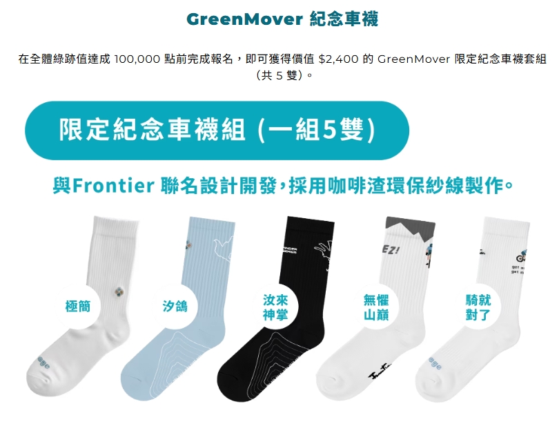 這組車襪是與知名單車運動品牌 Frontier 聯名設計開發，並採用咖啡渣環保紗線製作，讓你的單車減碳裝備也充滿環保精神，這正是ensage GreenMover的承諾。